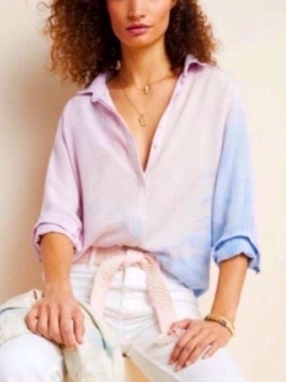 Anthropologie cloth and stone blue pink long sleeve button down shirt size M